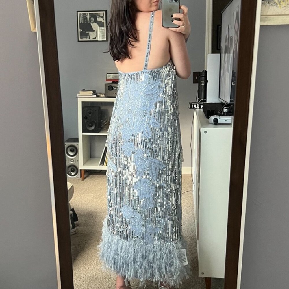 Floral Sequin Bead Midi Dress with Feather Hem in Violet